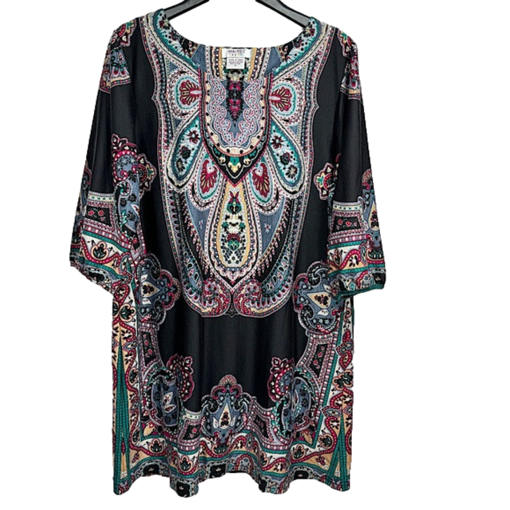 Funky People Bohemian Print Black Dress Mid  Length Sleeves Fits Size Large